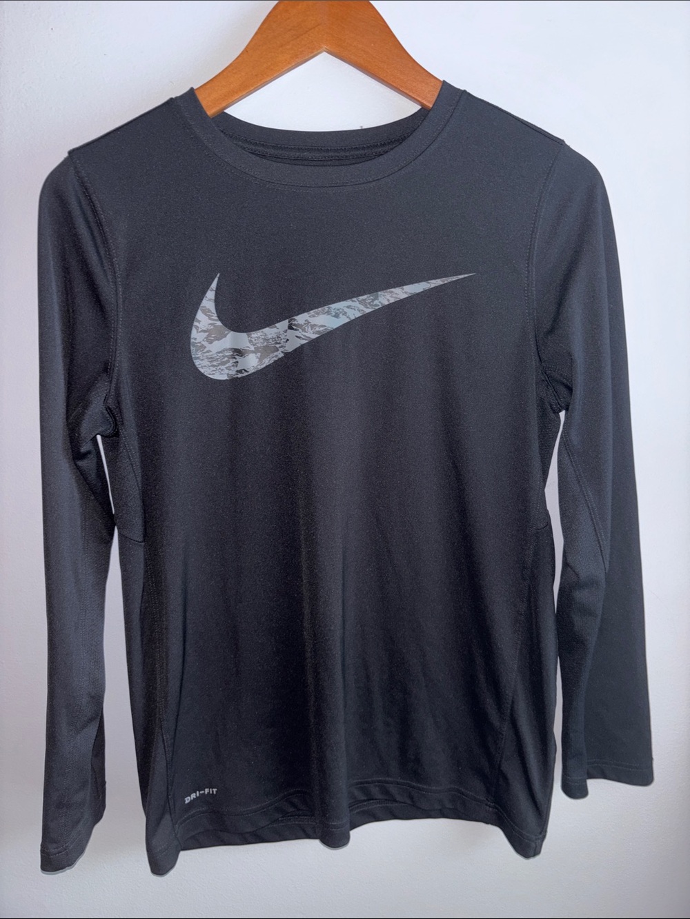 Nike Black Long Sleeve Dri-FIT Tee with Gray Swoosh boys xl